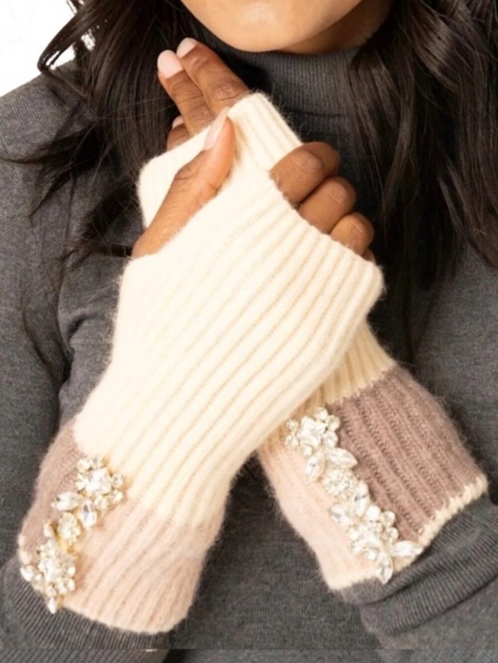 NWT Adrienne Landau Knit Embellished Fingerless Gloves